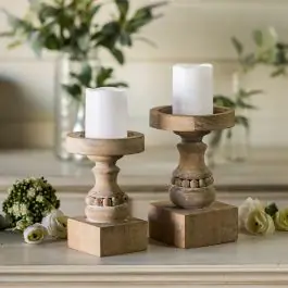 Big Sale Beaded Chunky Wood Candle Holder Set of 2