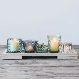 Wood Tray With Glass Votive Holders Boxed Set of 6 Handmade