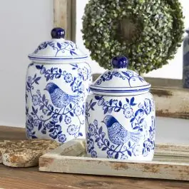 Floral And Bird Print Lidded Porcelain Jar Set of 2 Genuine