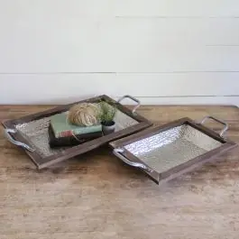 Wood Frame Metal Tray Set of 2 Same Day Shipping