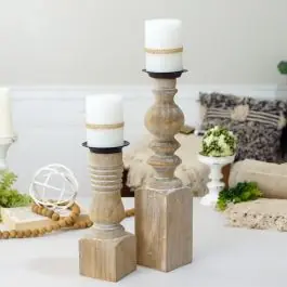 Reduced Price Chic Farmhouse Wooden Pillar Holder Set of 2