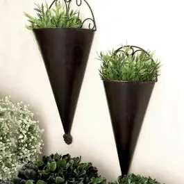 Black Metal Scroll Cone Wall Planter Set of 2 Fresh Stock