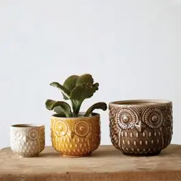 Grab Now Barn Owl Stoneware Planter Pots Set of 3