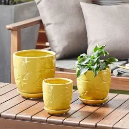 Contemporary Stoneware Planter With Saucer Set of 3 Affordable