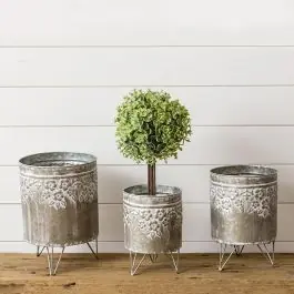 Floral Embossed Metal Planter on Stand Set of 3 Special Offer