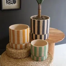 Striped Clay Planter Pot with Tray Set of 3 Seasonal Sale