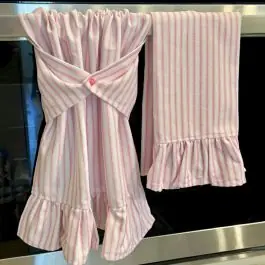 Pink Ticking Stripe Ruffled Kitchen Towel Set of 2 Genuine