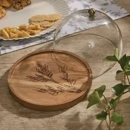 Mega Sale Etched Leaves Wood Plate With Glass Dome