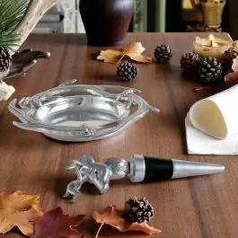 Arthur Court 2 Piece Antler Wine Coaster and Stopper Set Limited Edition